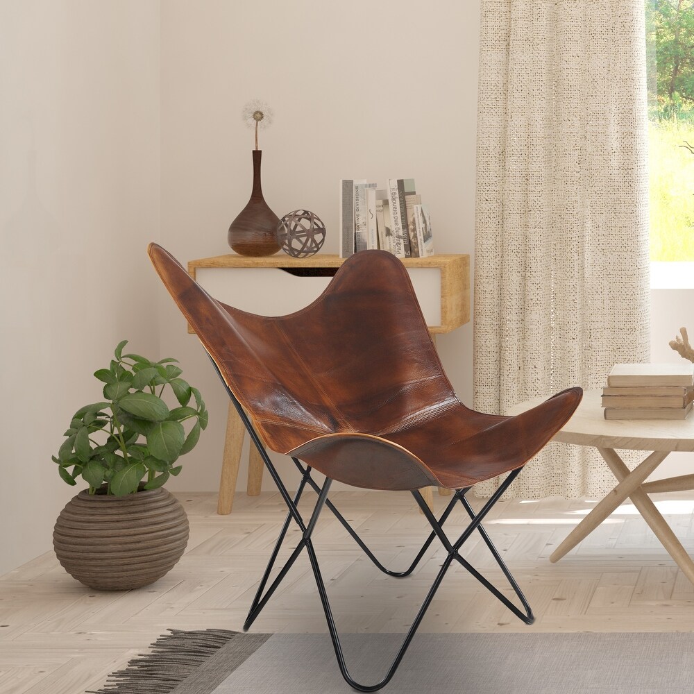 LR Home Brown Leather Butterfly Chair   37\