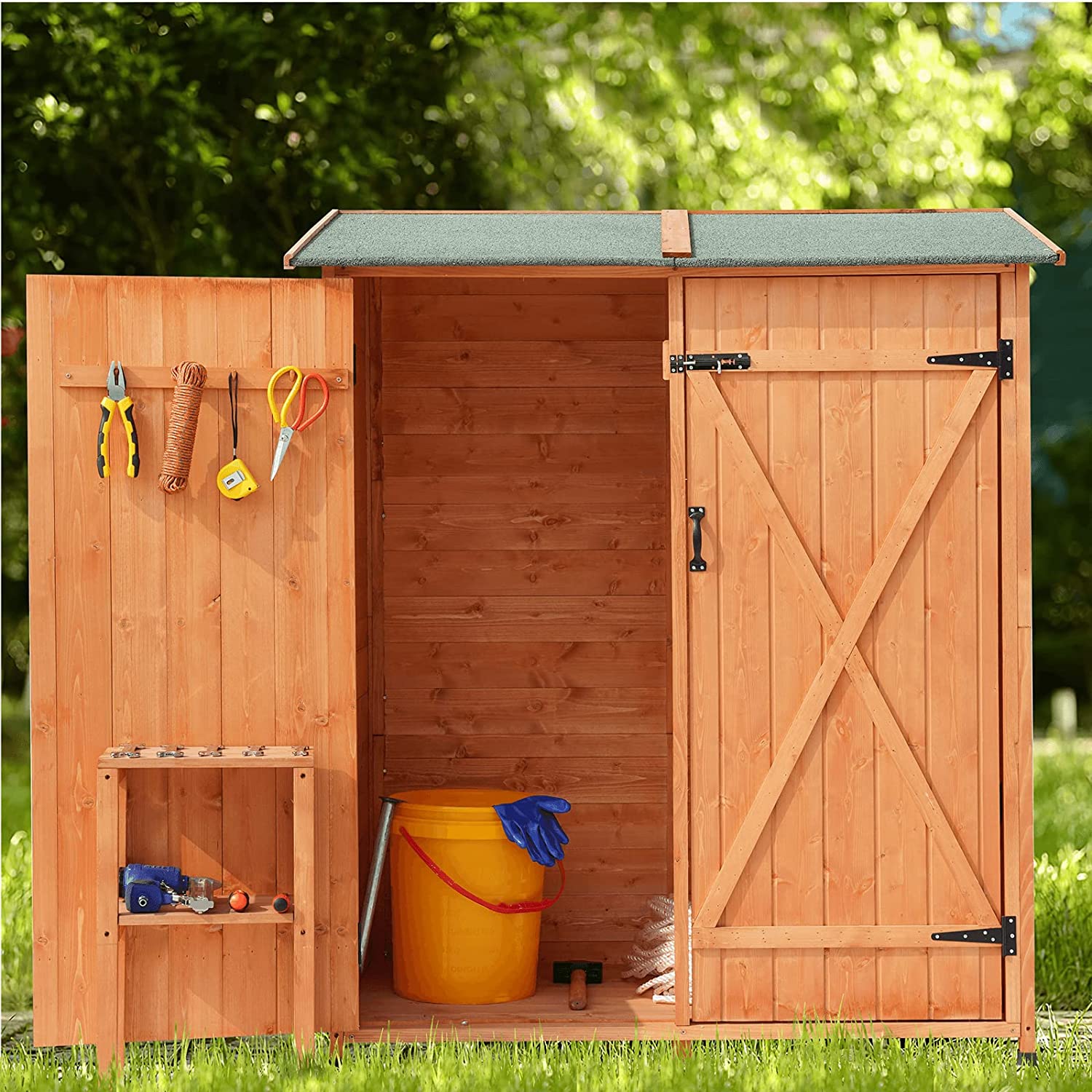 Mellcom Wooden Garden Storage Shed, Outdoor Tool Shed with Asphalt Roof for Patio, Garden, Backyard, Lawn