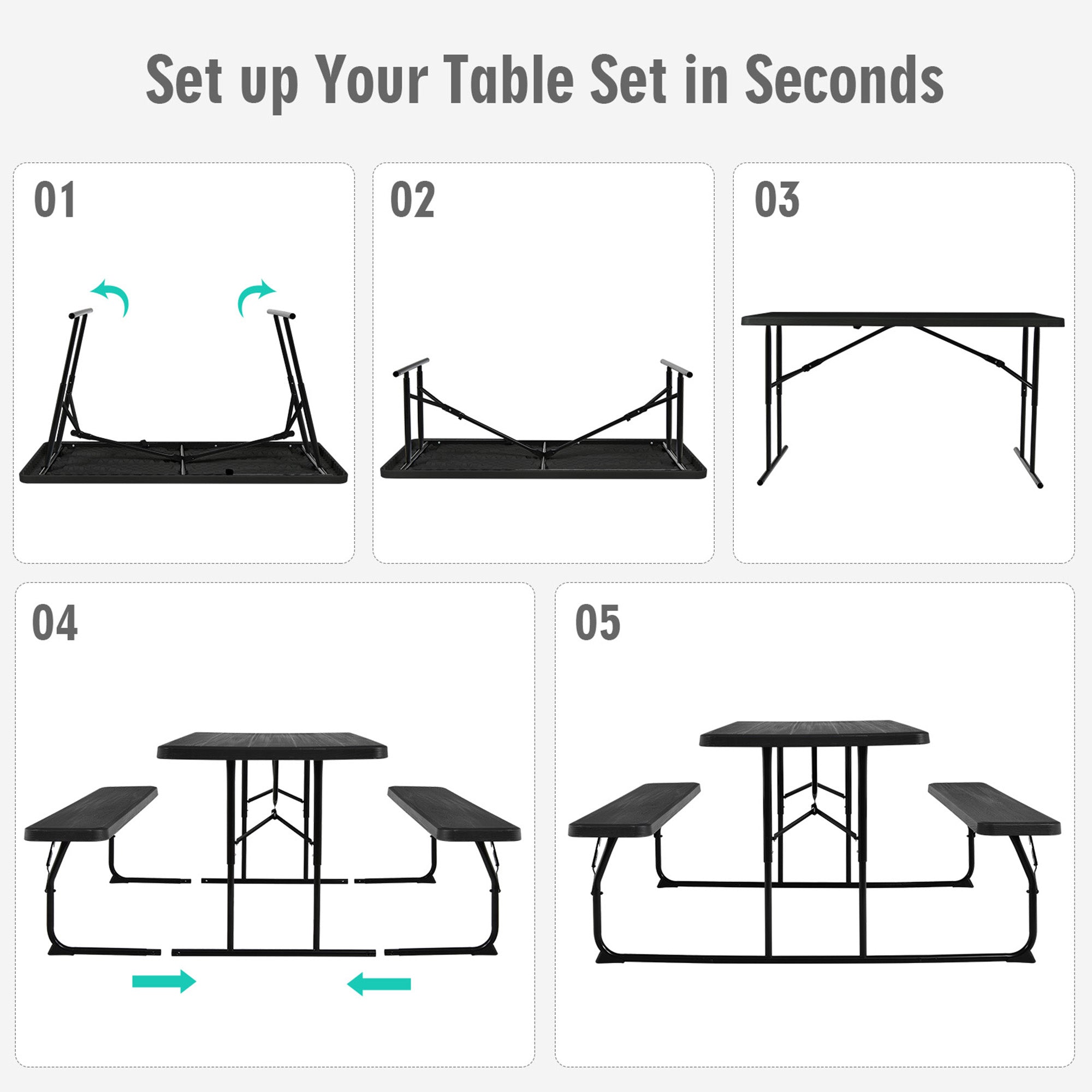 Gymax Folding Picnic Table and Bench Set for Camping BBQ w/ Steel Frame Black