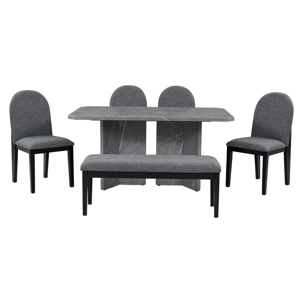 6 Piece Modern Style Dining Set with Faux Marble Table and 4 Upholstered Dining Chairs and 1 Bench