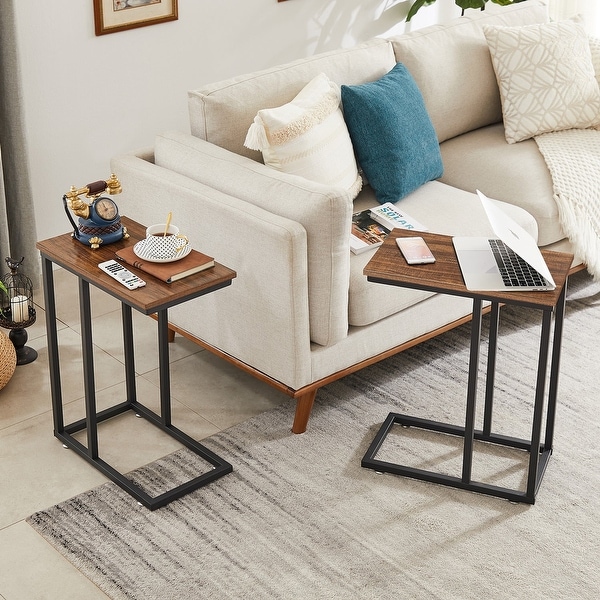 Modern Snack Table C-shaped Side End Table Set of 2，Brown/Black/Grey Sofa Table