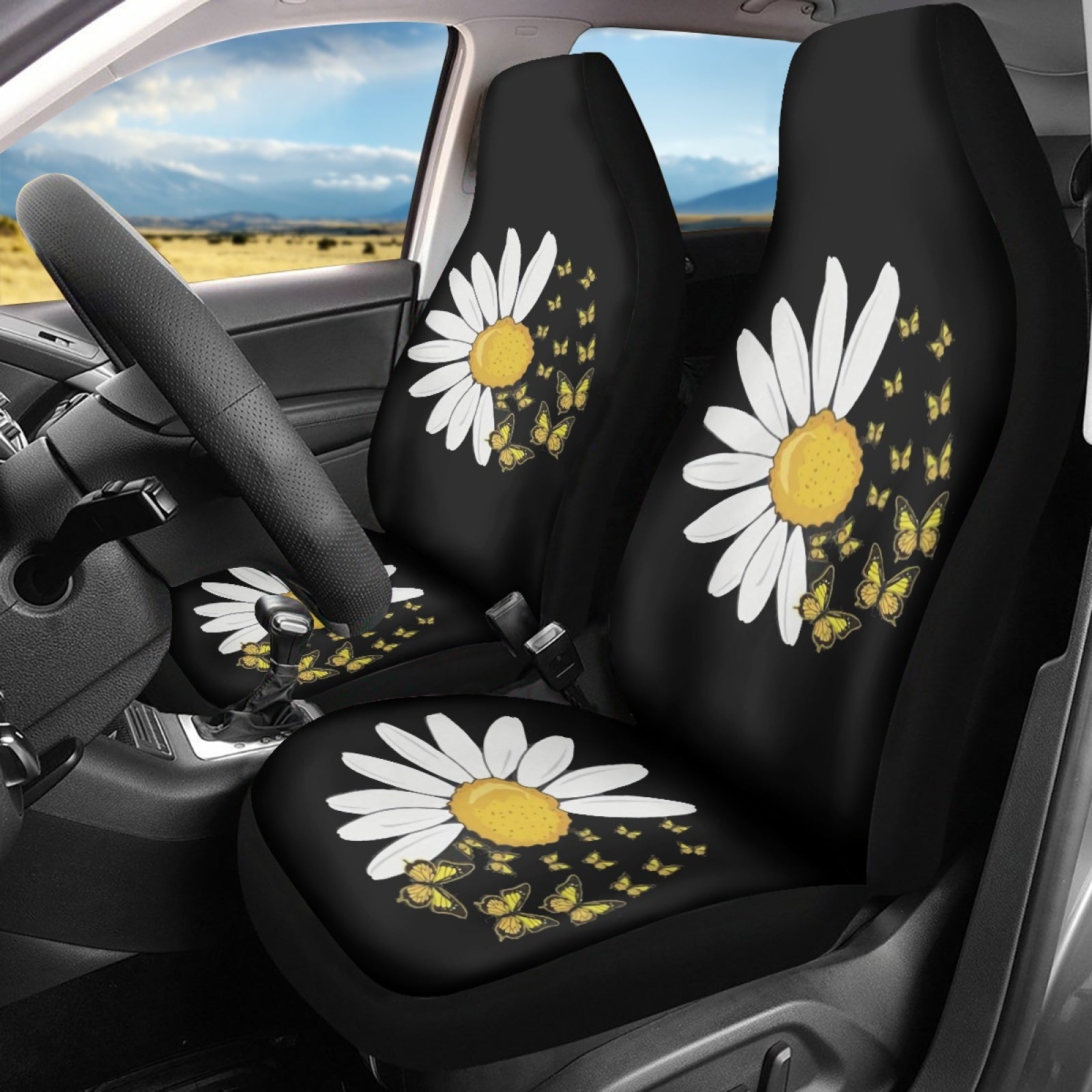 Xoenoiee 2 Pieces Car Seat Covers Front Seats Only Daisy Butterfly Print Auto Bucket Seat Cover Protector Universal Fit for Cars， SUV， Van， Trucks