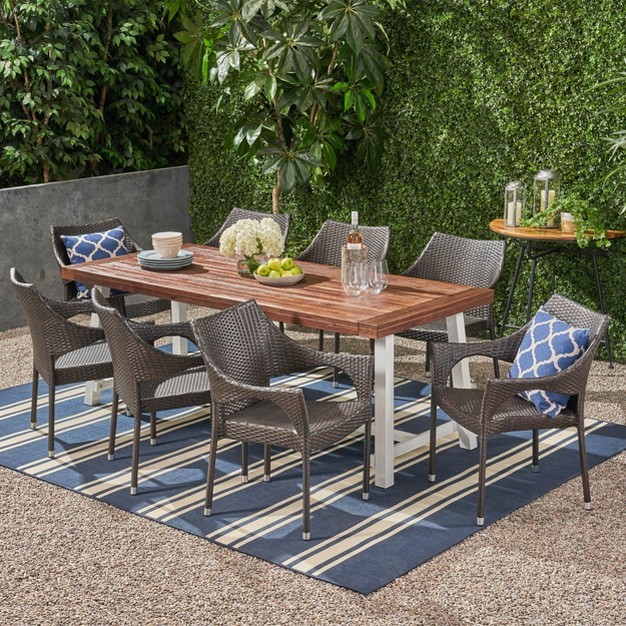 Espanola 9pc Outdoor Dining Set Acacia Wood All weather Wicker Water resistant Christopher Knight Home