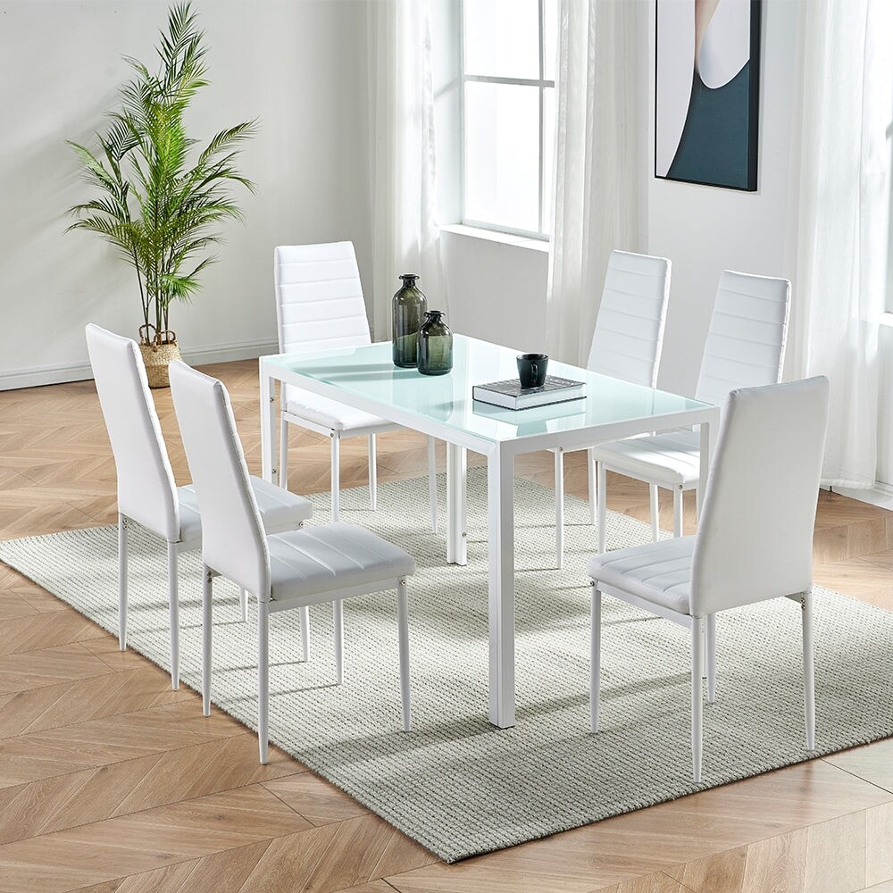 7 Piece Modern Glass Dining Set for 6 with Faux Leather Chairs