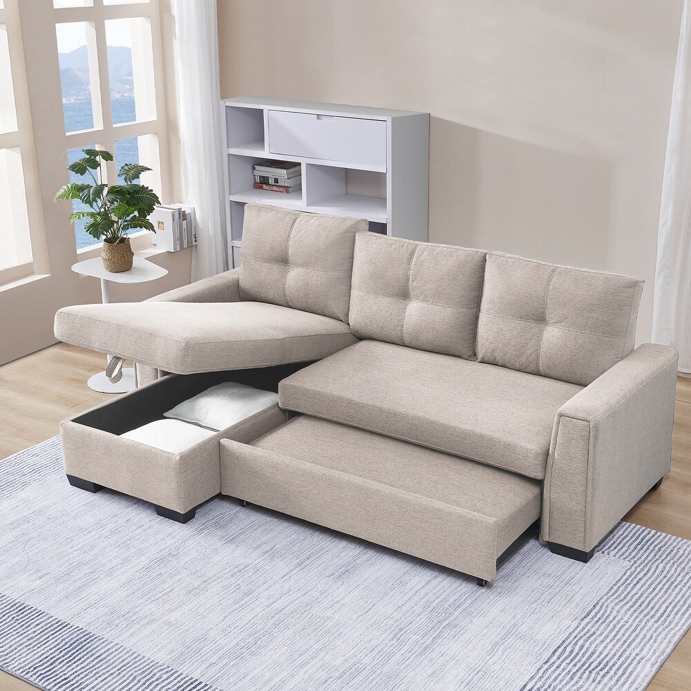 Pull Out L Shape Fabric Convertible Reversible Sectional Sofa with Storage