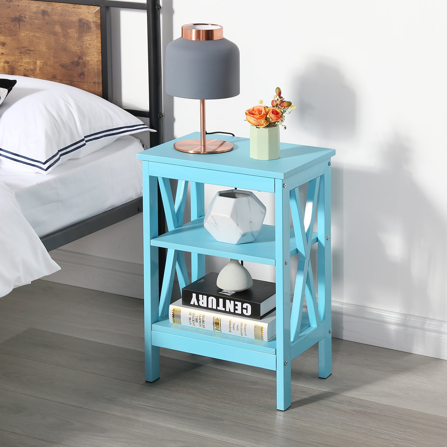 VECELO Set of 2 Nightstand End Table with 3-tier Storage Shelf for Living Room, Bedroom, Office, Light Blue