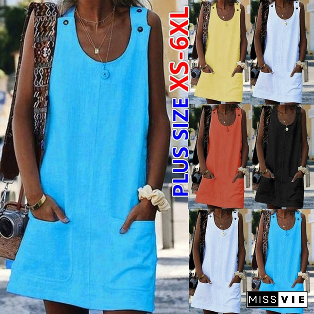 New Women's Fashion Summer O-Neck Sleeveless Tank Dress Casual Solid Color Pockets Strap Dress Cotton Linen Off Shoulder Beach Skirt Plus Size Loose A-Line Dresses Ladies Fashion Mini Dress Sundress