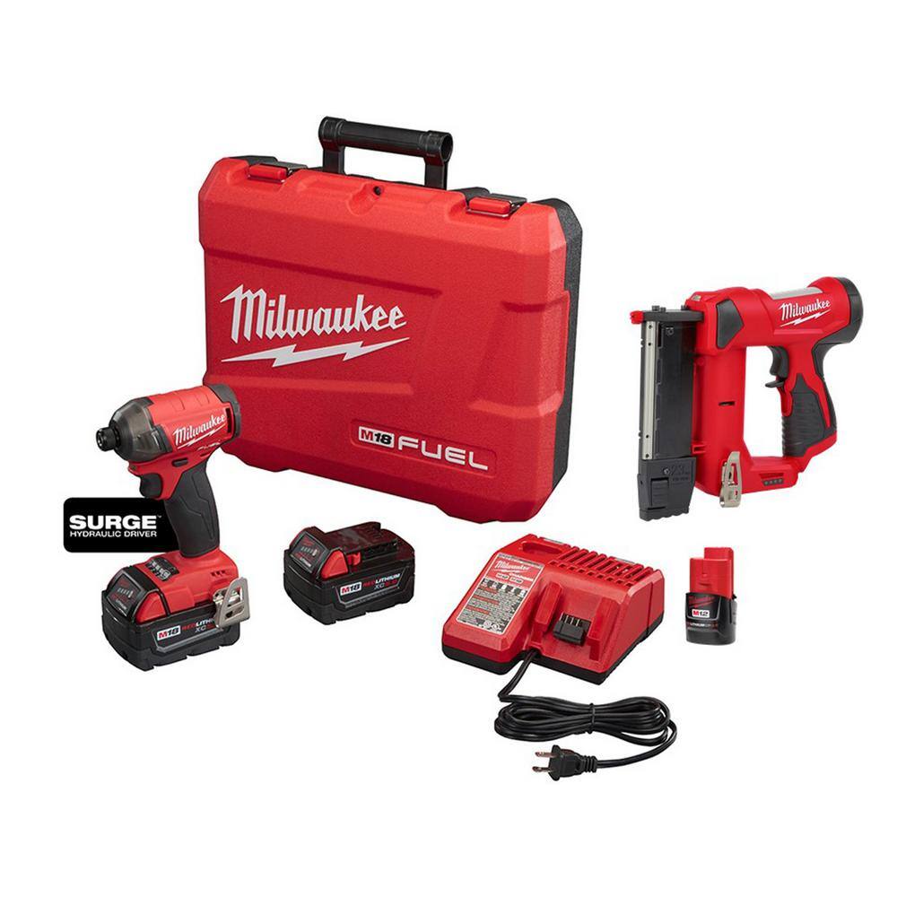 MW M18 FUEL SURGE 18V Lithium-Ion Brushless Cordless 14 in. Hex Impact Driver Kit with M12 Pin Nailer  2.0 Ah Battery 2760-22-2540-20-48-11-2420