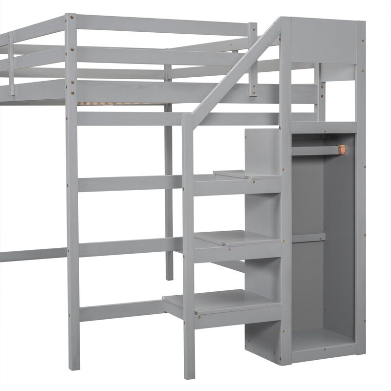 Modern Wooden Full Size Loft Bed with Built in Storage Wardrobe and Staircase