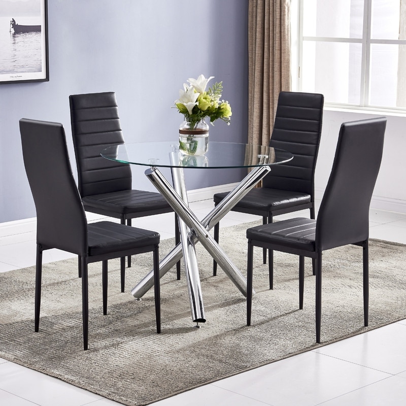 Modern Tempered Glass Table and Upholstered Chair 5 piece Dining Set