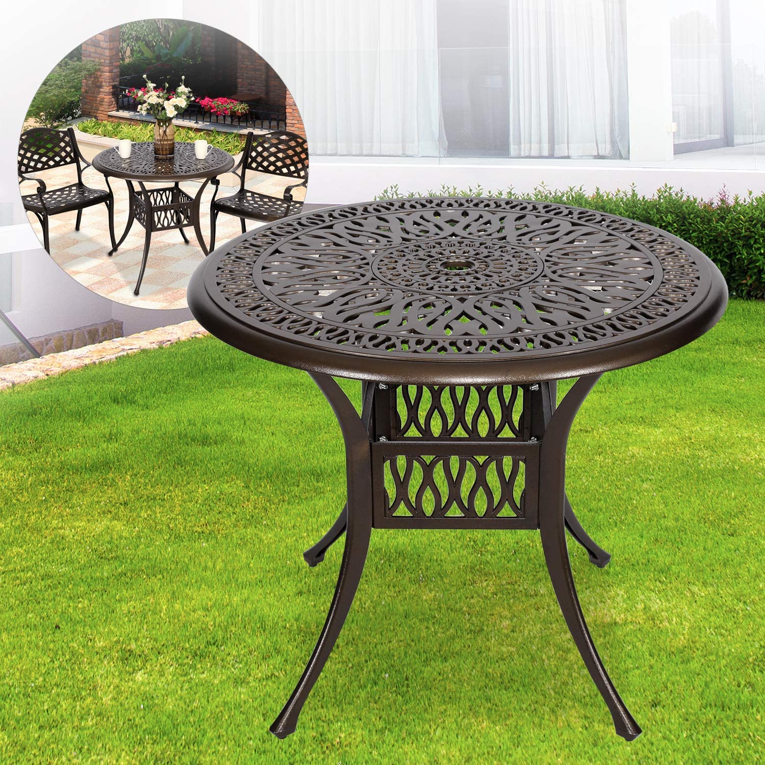 FULLWATT 35-inch Cast Aluminum Outdoor Dining Table Bronze Finish Outdoor Furniture Garden Table with 2" Umbrella Hole (35-inch)