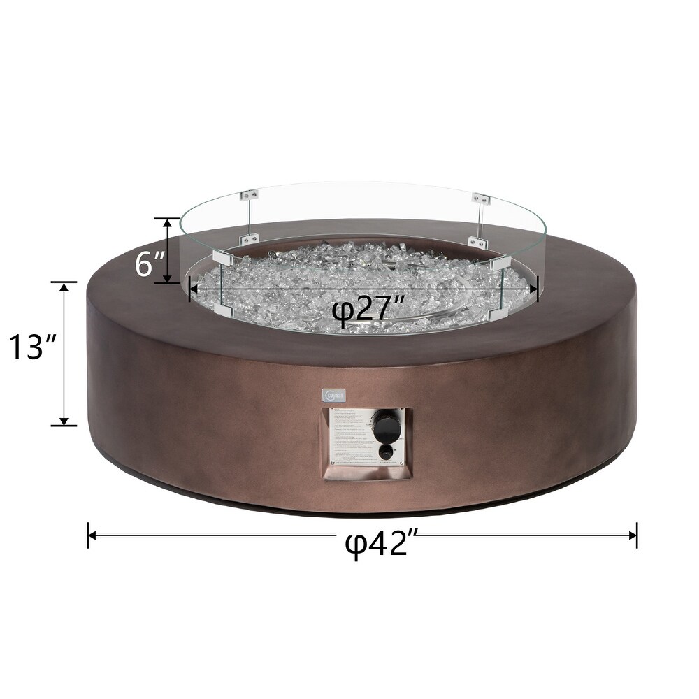 COSIEST Outdoor Round Propane Fire Pit w Wind Guard and Fire Glass