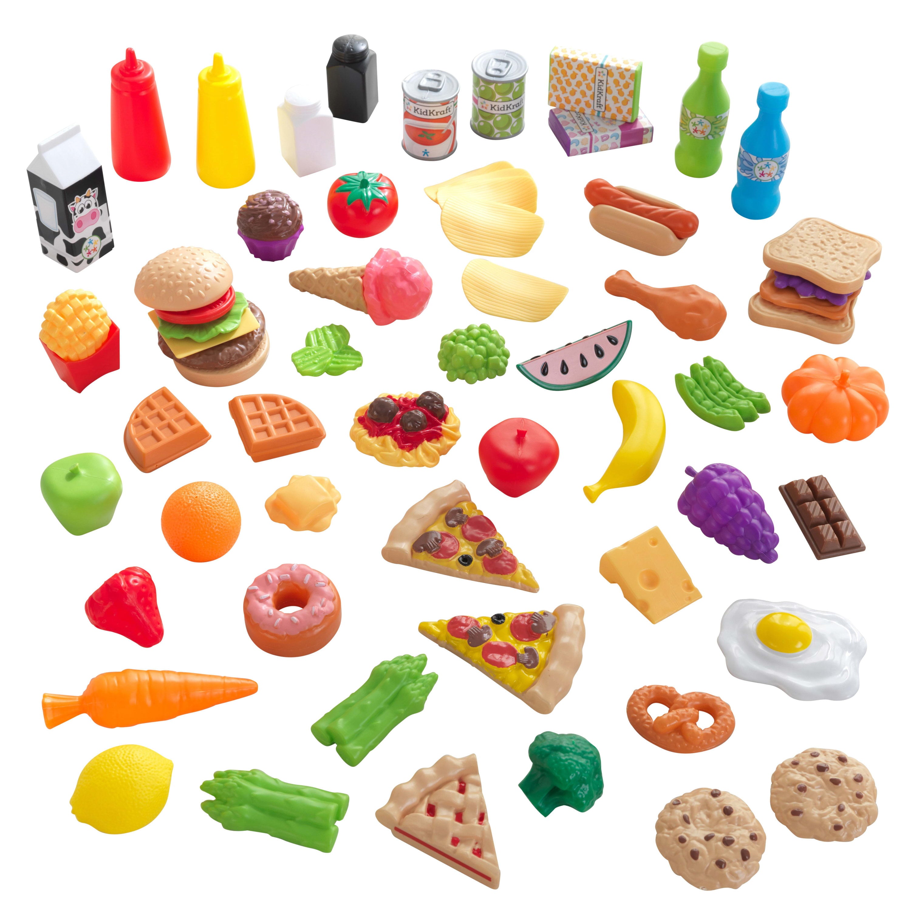 KidKraft 65-Piece Plastic Play Food Set for Play Kitchens, Fruits, Veggies, Sweets, and More