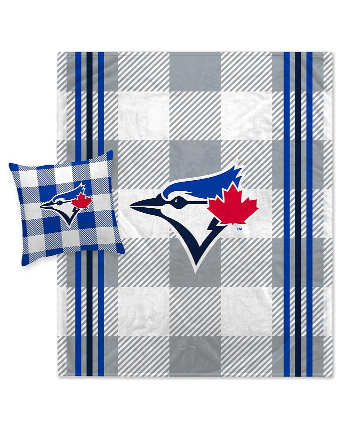 Pegasus Home Fashions Toronto Blue Jays Gray Plaid Stripes Blanket and Pillow Combo Set