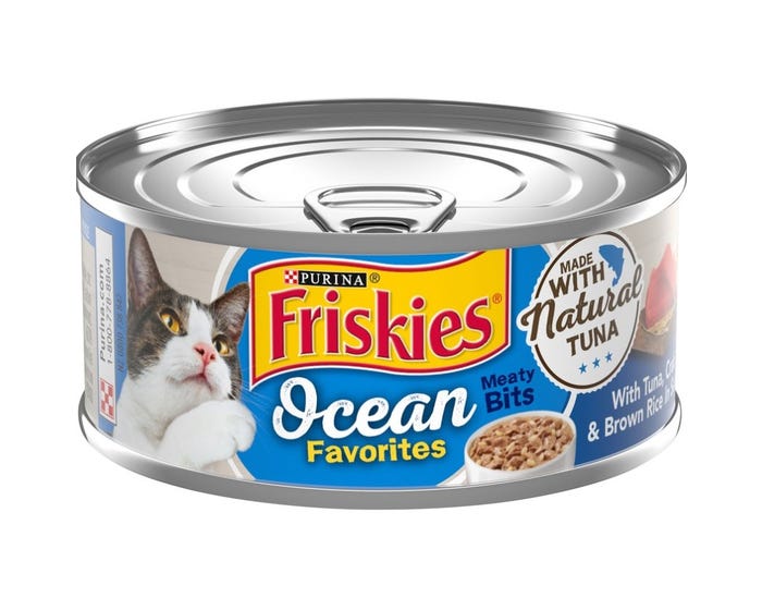 Purina Friskies Ocean Favorites Meaty Bits With Tuna， Crab  Brown Rice Natural Wet Cat Food， 5.5 oz. Can