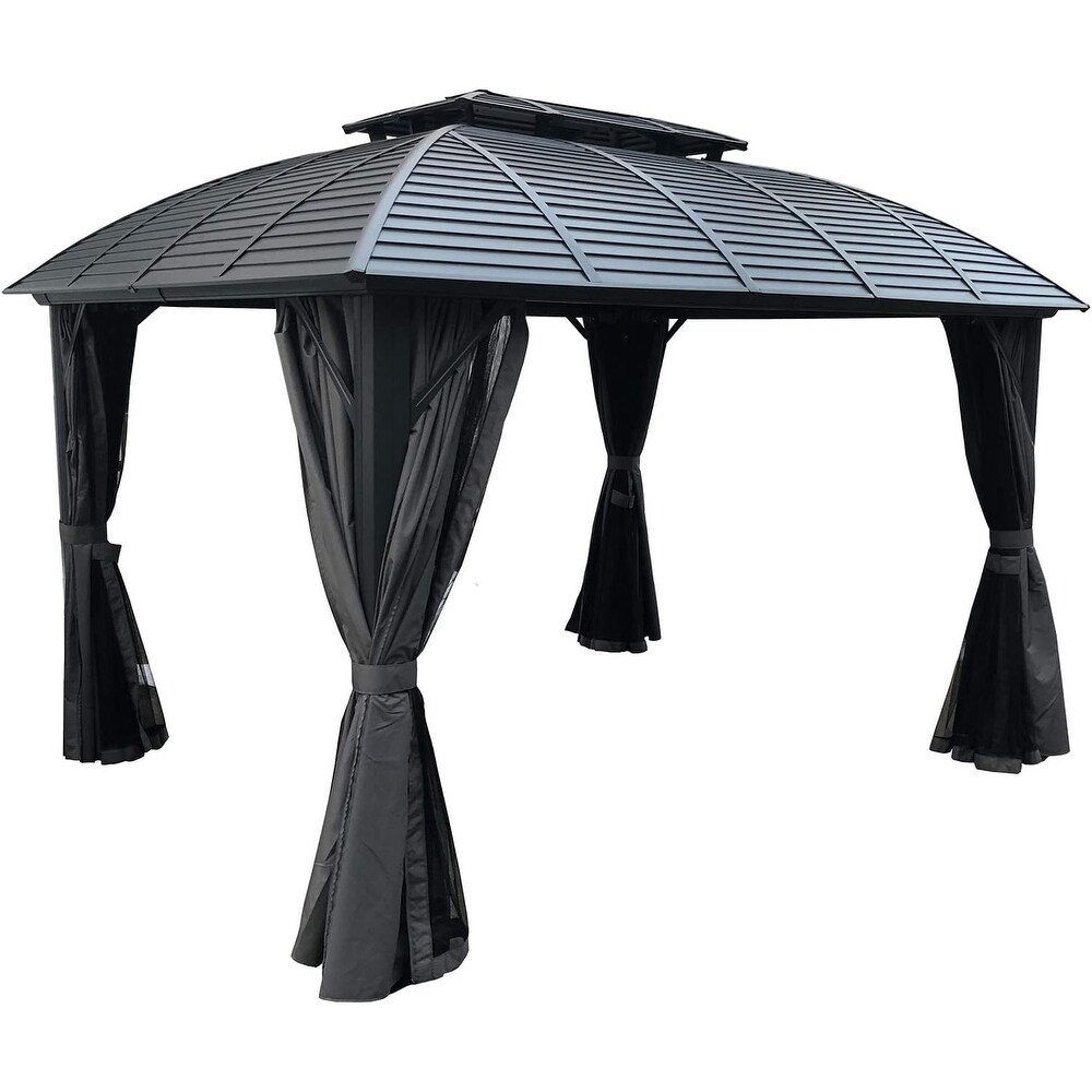 Kozyard Odyssey 10'x12' Hardtop Aluminum Permanent Gazebo with a Mosquito Net Sidewall and Privacy Wall