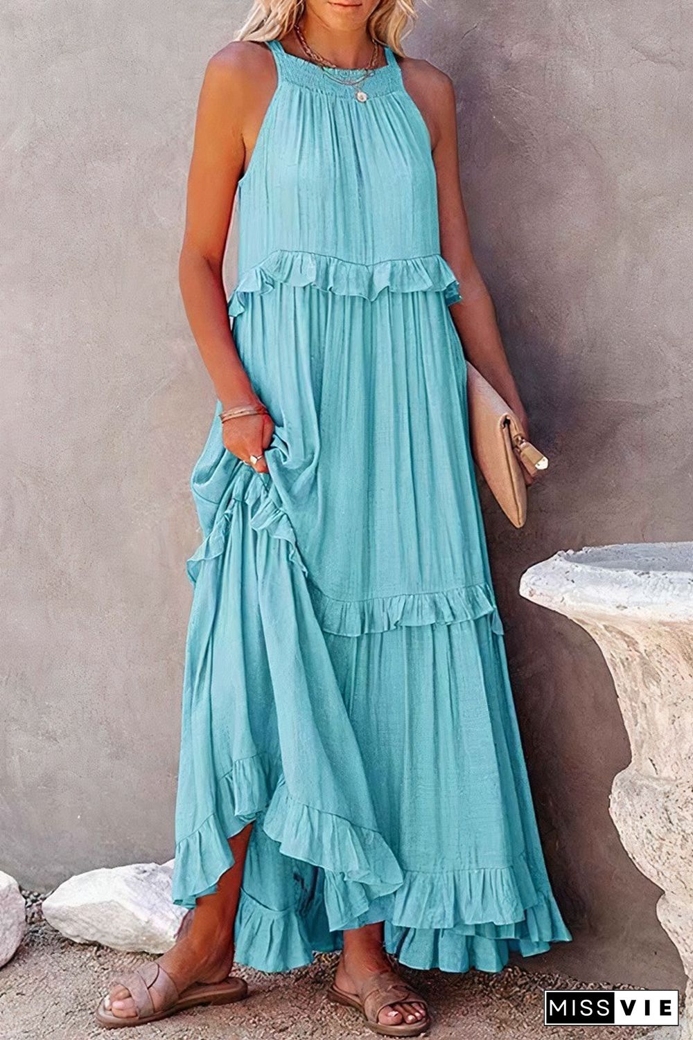 Ruffle Trim Shirred Tie Back Maxi Dress