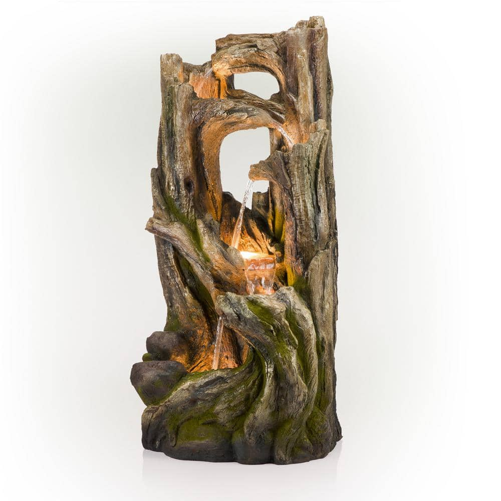 Alpine Corporation 59 in. Tall Indoor/Outdoor 5-Tier Waterfall Tree Stump Fountain with LED Lights WIN1520