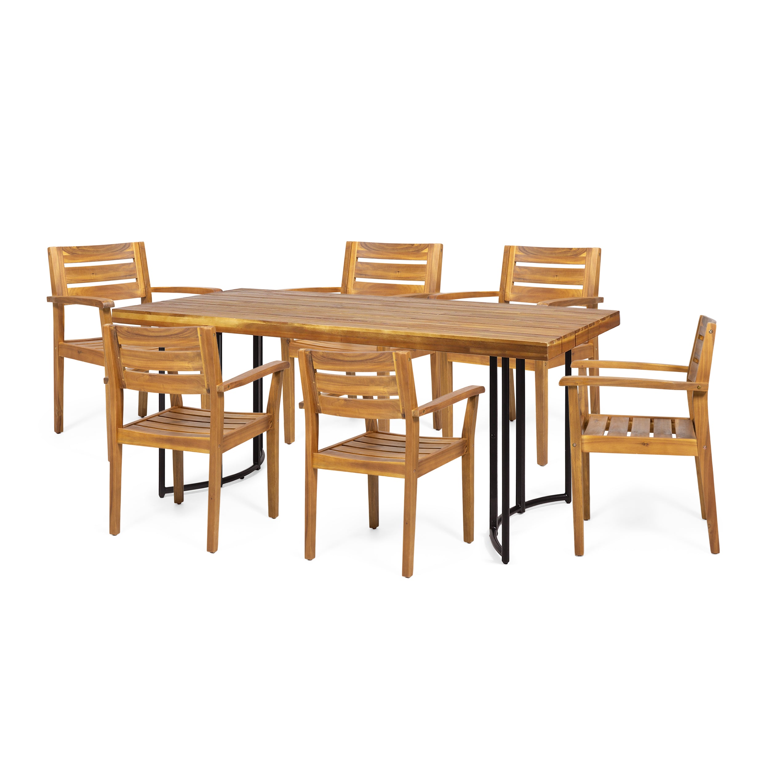 Serena Outdoor Modern Industrial 7 Piece Acacia Wood Dining Set