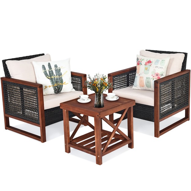 Tangkula 3 piece Patio Rattan Wicker Bistro Set Acacia Wood Frame Sofa And Side Table