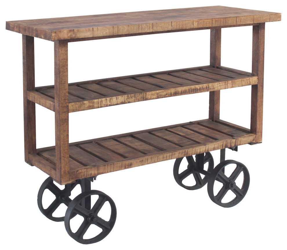 Golden Mango Wood Trolley Console With Shelves on Heavy Iron Wheels   Industrial   Console Tables   by Moti  Houzz