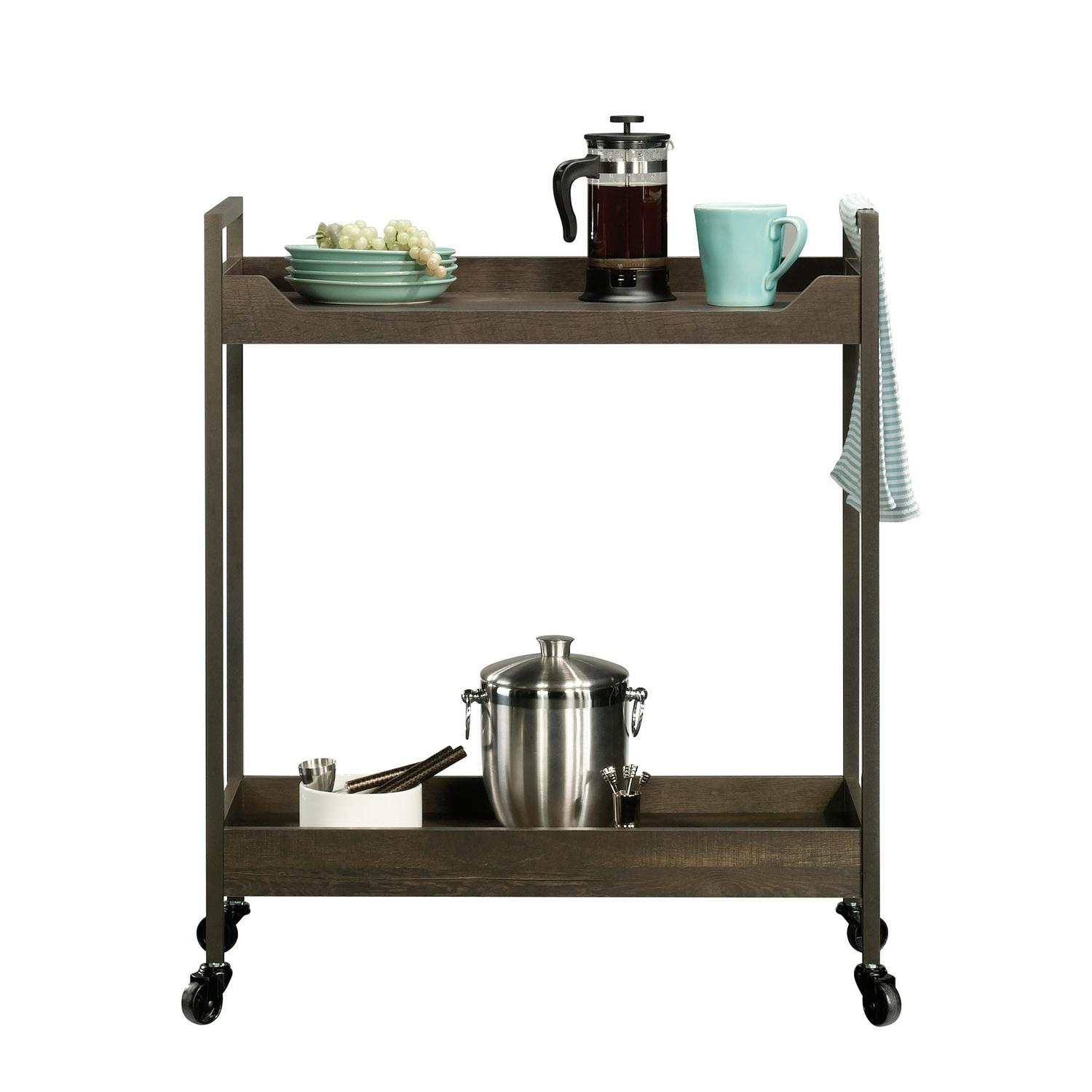 Curiod Rolling 2-Shelf Metal Framed Wood Kitchen Bar Cart， Smoked Oak Finish