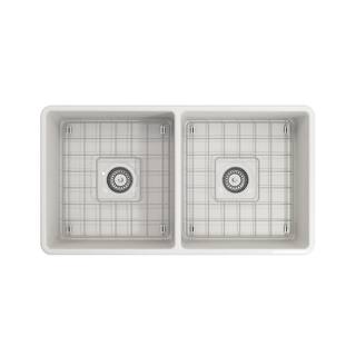 BOCCHI Classico Farmhouse Apron Front Fireclay 33 in. Double Bowl Kitchen Sink with Bottom Grid and Strainer in White 1139-001-0120