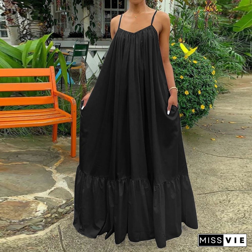 New Women Camisole Oversized Fashion Casual Sleeveless Maxi Dresses Strap Dress Backless Big Swing Floor-Length Robe