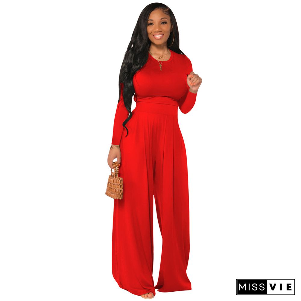 Simple Long Sleeve Crop T-shirt Wide Leg Pant Outfits