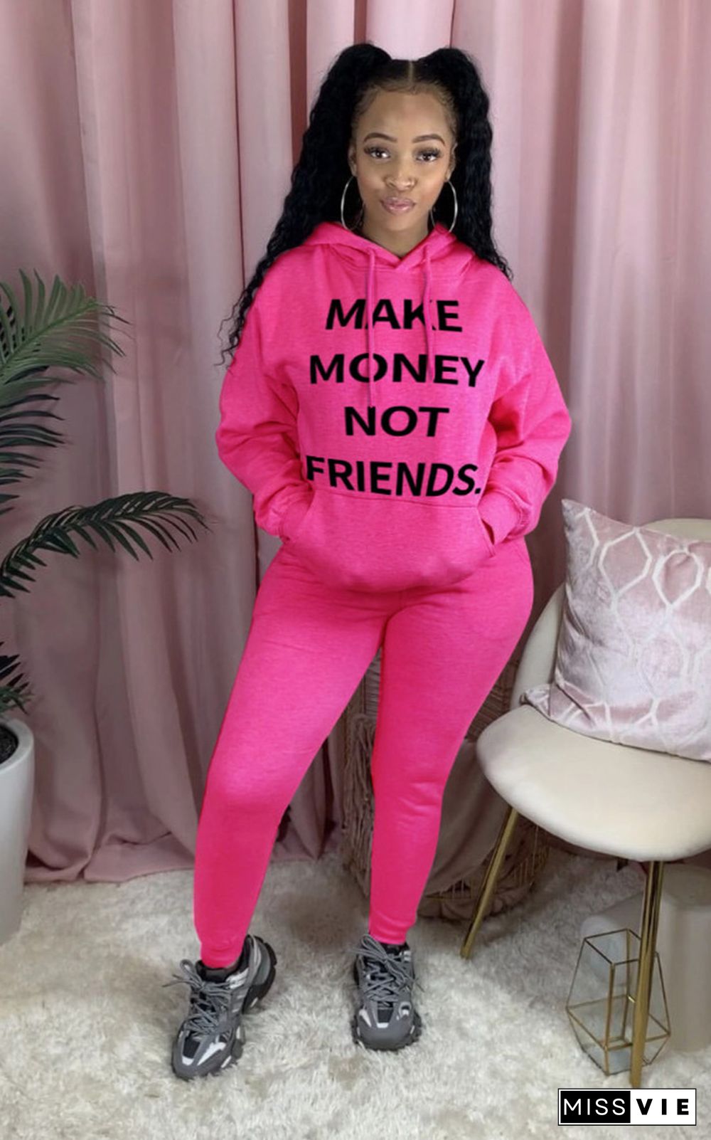 Casual Catchphrase Printed Hoodie Pants 2 Piece Set