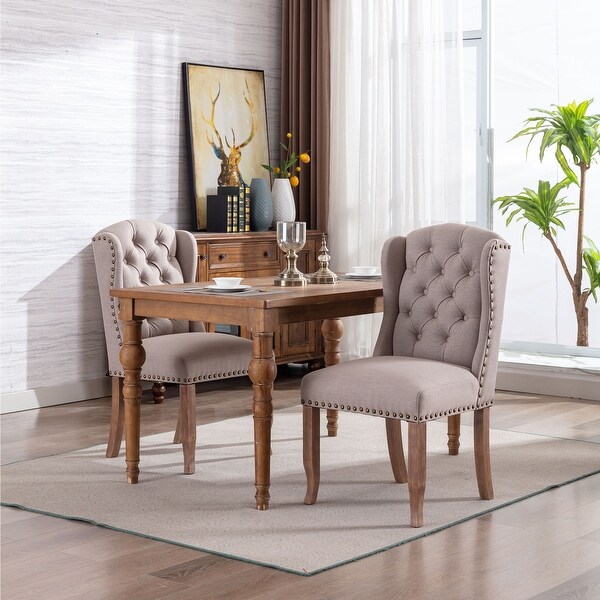 Modern Set of 2 Upholstered Fabric Dining Chairs with Wing Back Tufted Button and Sturdy Wooden Legs Suitable for Dining Room