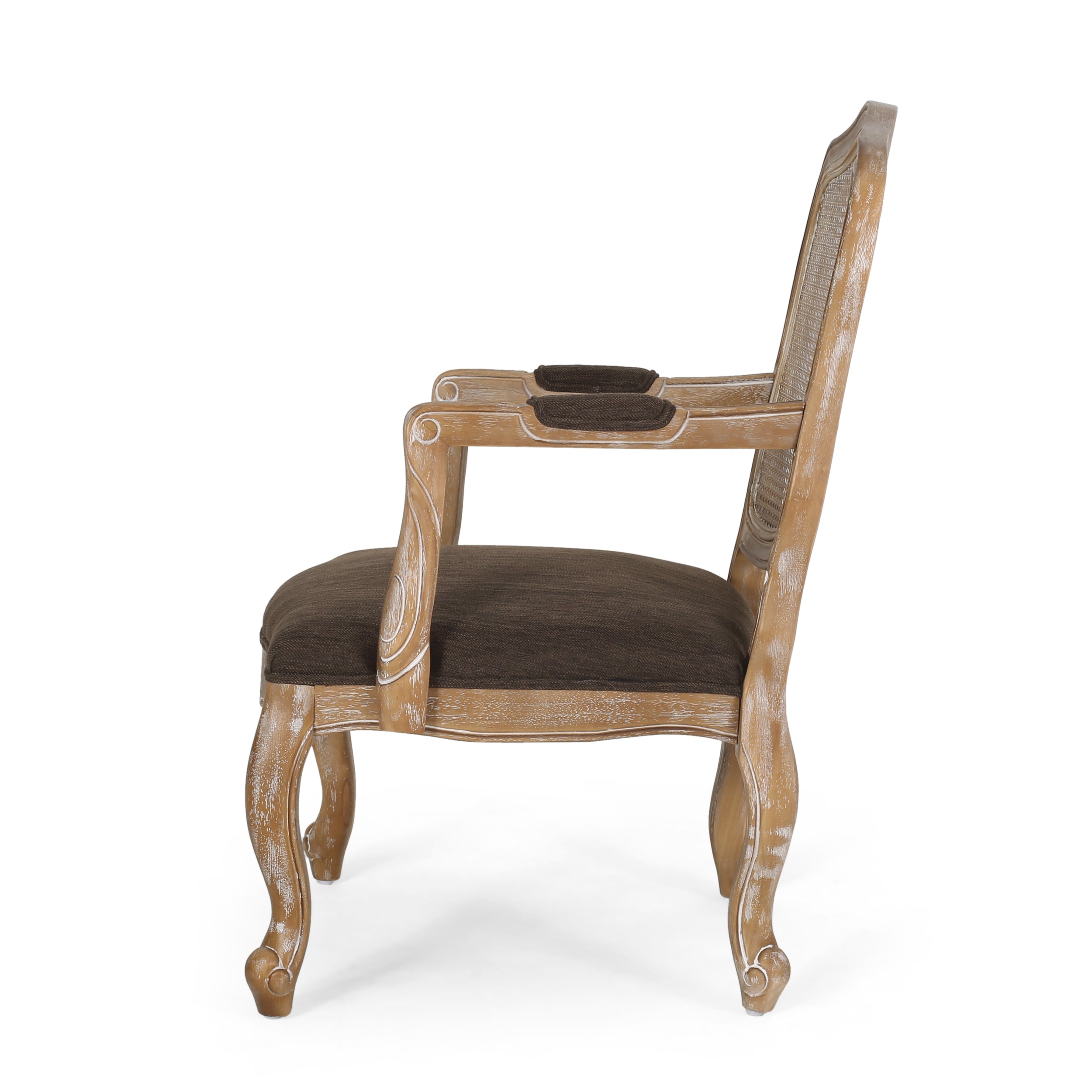 Biorn French Country Wood and Cane Upholstered Dining Armchair