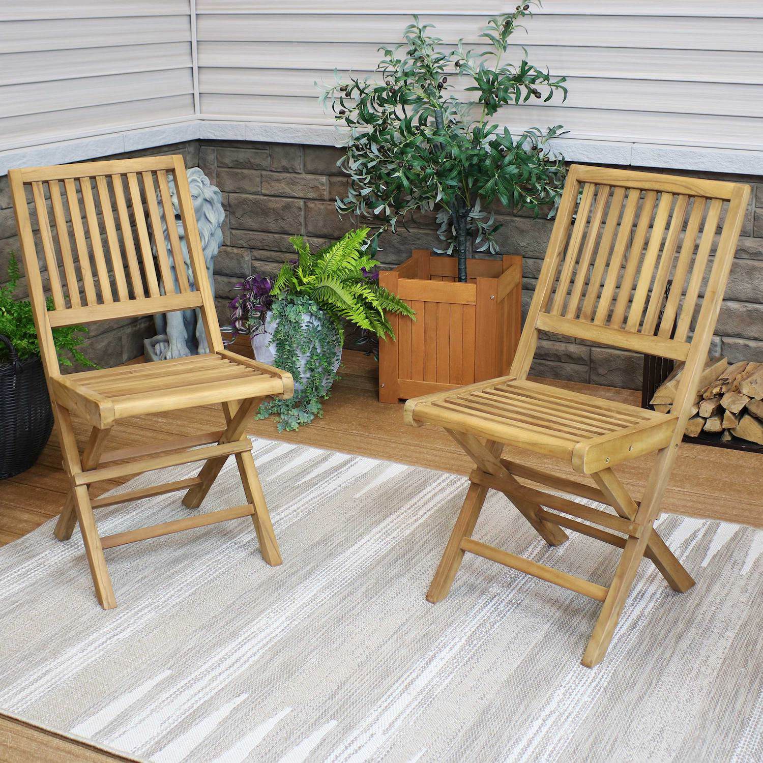 Sunnydaze Nantasket Solid Teak Folding Slat-Back Patio Chair - Set of 2