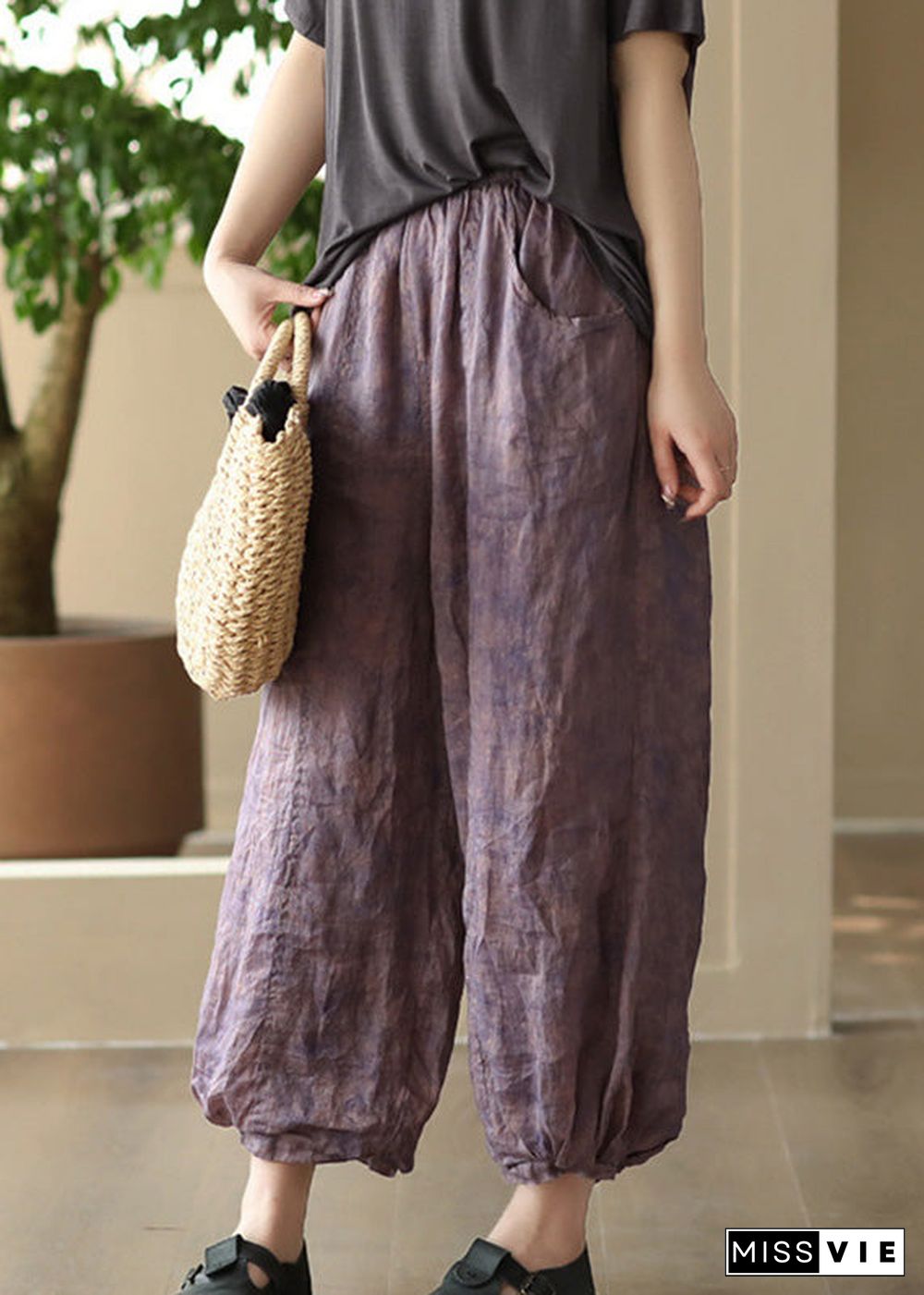 Retro Purple Pockets Print Ramie Crop Pants Summer