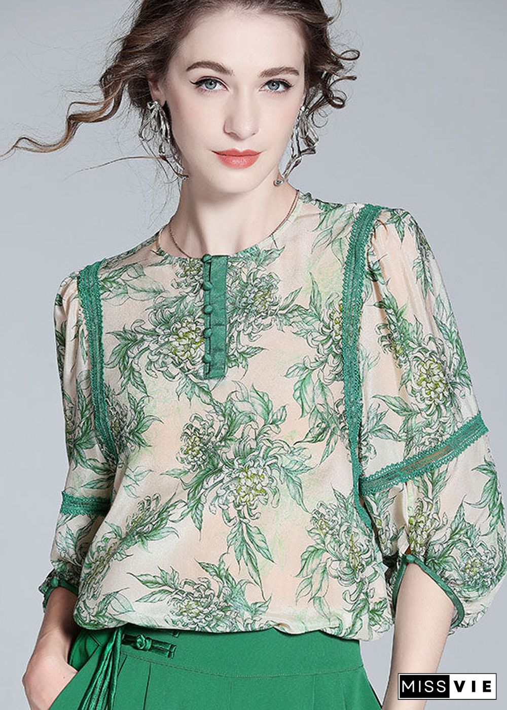 Natural Green O Neck Lace Patchwork Print Silk T Shirt Spring