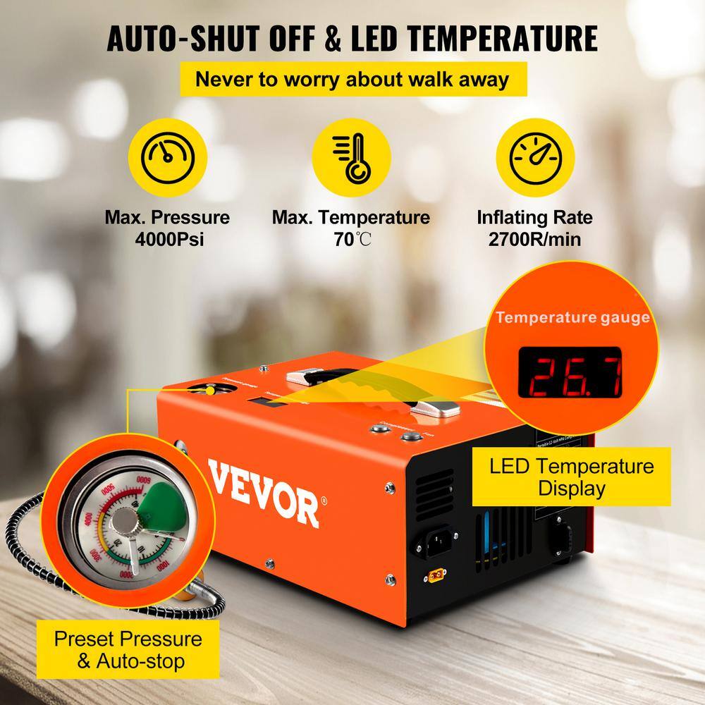 VEVOR PCP Air Rifle Pump 0.4 Gal. 4500 PSI Portable Electric Pancake Air Compressor 110220-Volt AC with Built-in AdapterFan G220V110V12V-8ZGGV1