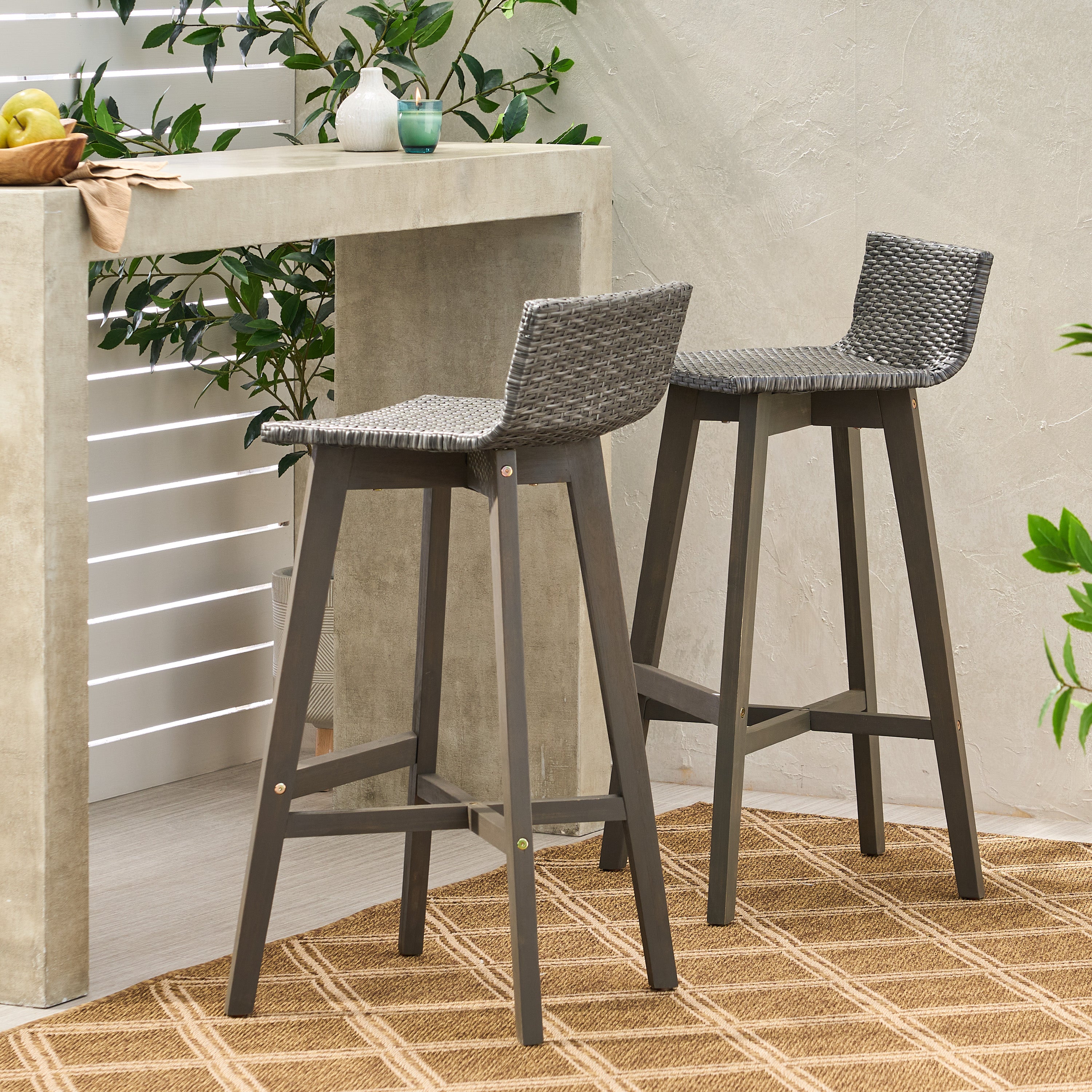 Bellagio Outdoor Acacia Wood & Wicker Barstools (Set of 2)