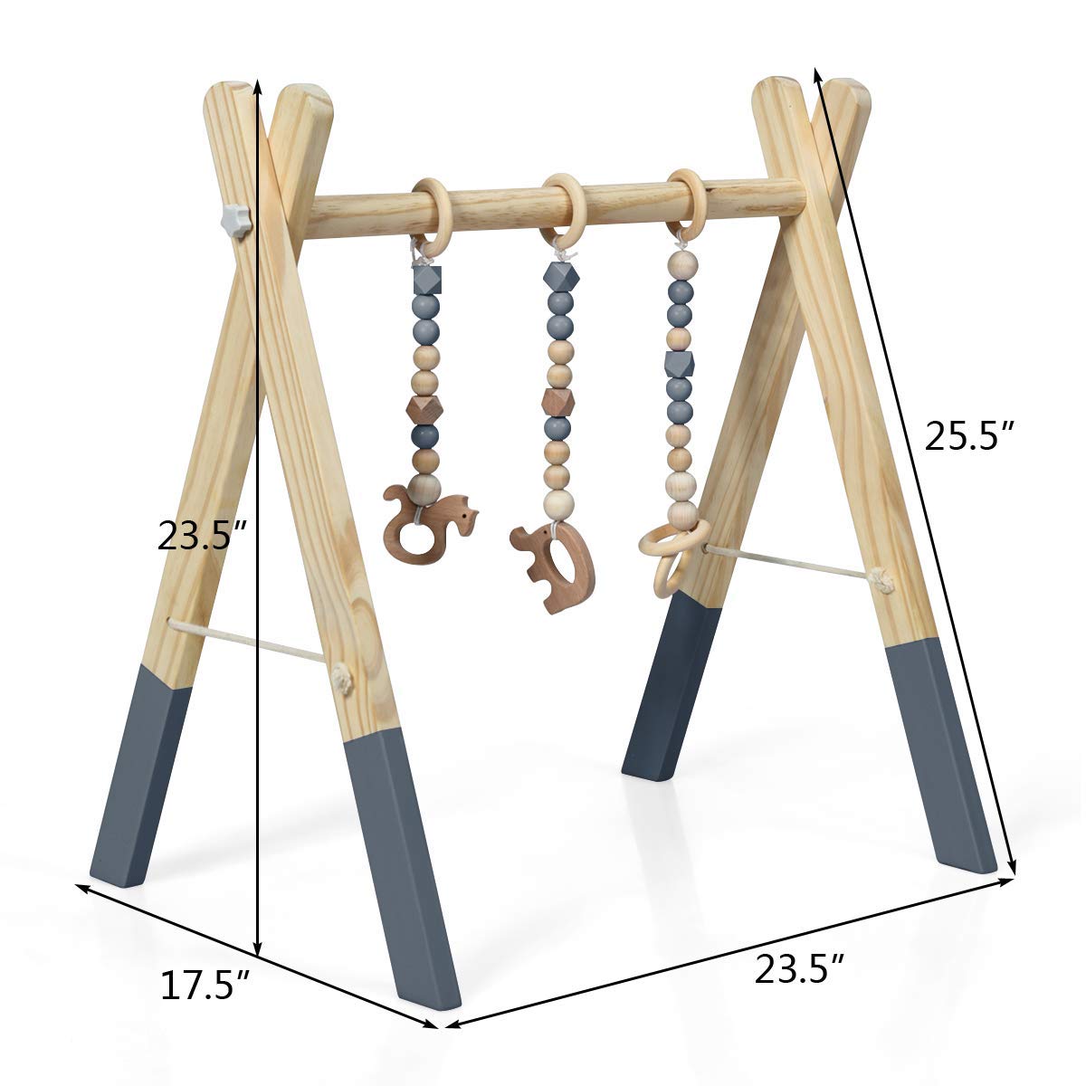 BABY JOY Portable Wooden Baby Gym, Foldable Baby Play Gym Frame with 3 Wooden Baby Teething Toys