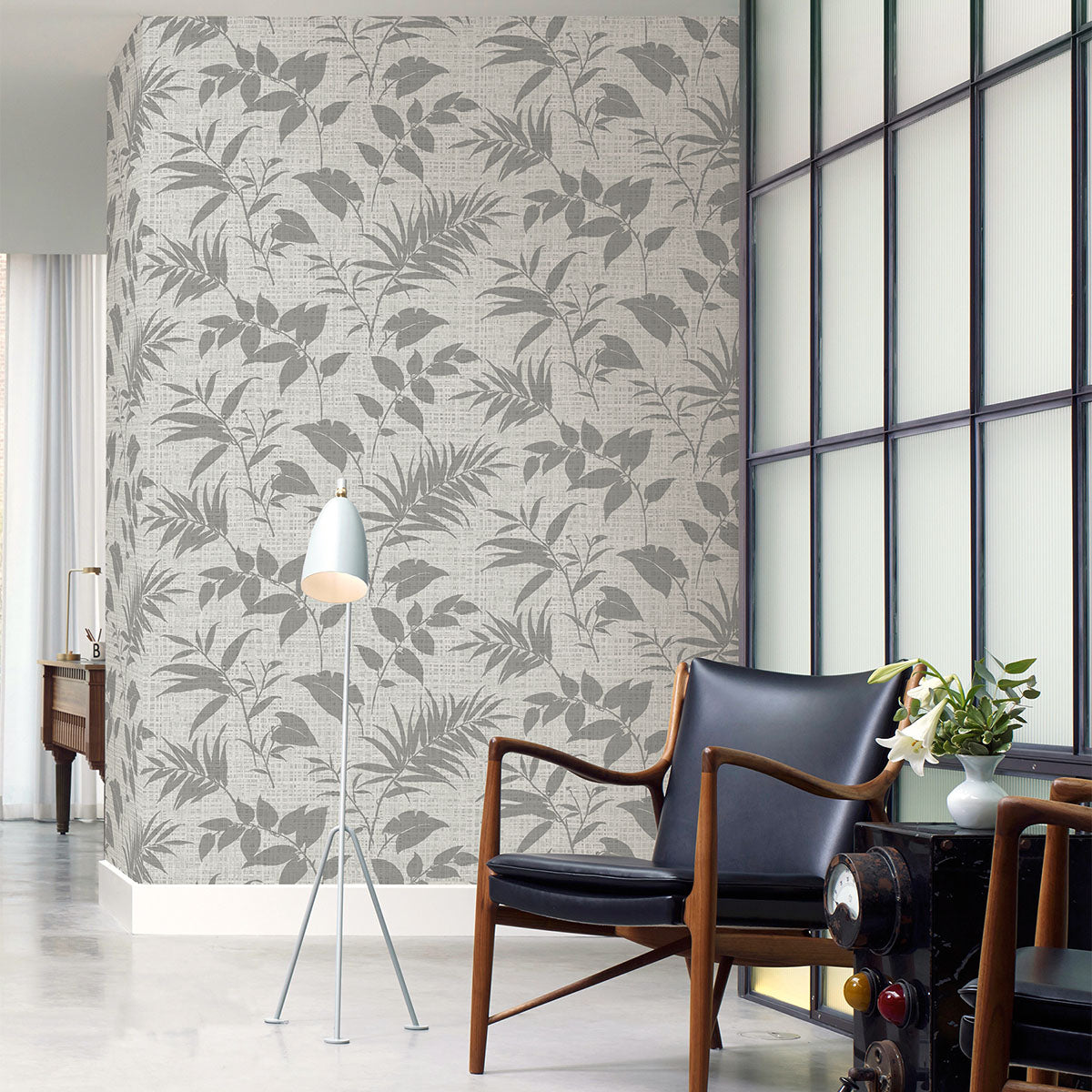 Chandler Light Grey Botanical Faux Grasscloth Wallpaper from the Main Street Collection