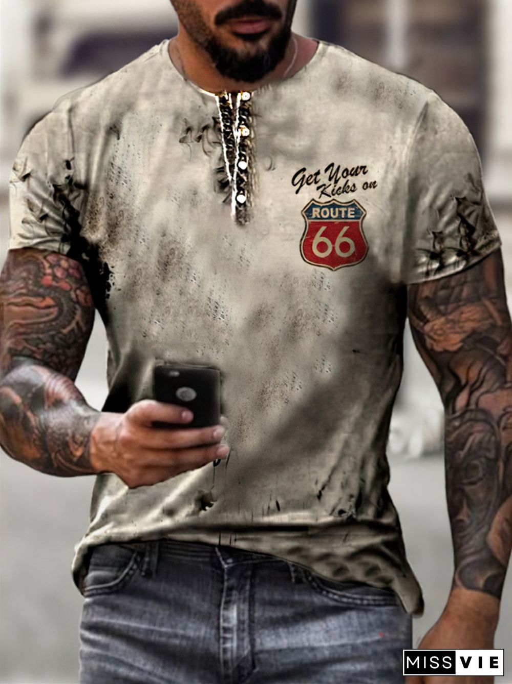 New Fashion Route 66 Digital Printing Trend Men's Sports Short-sleeved T-shirt