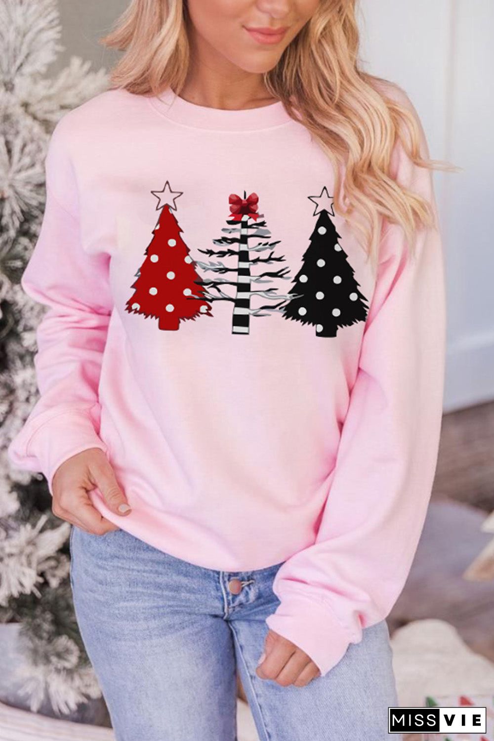 Pink Christmas Tree Graphic Print Pullover Sweatshirt