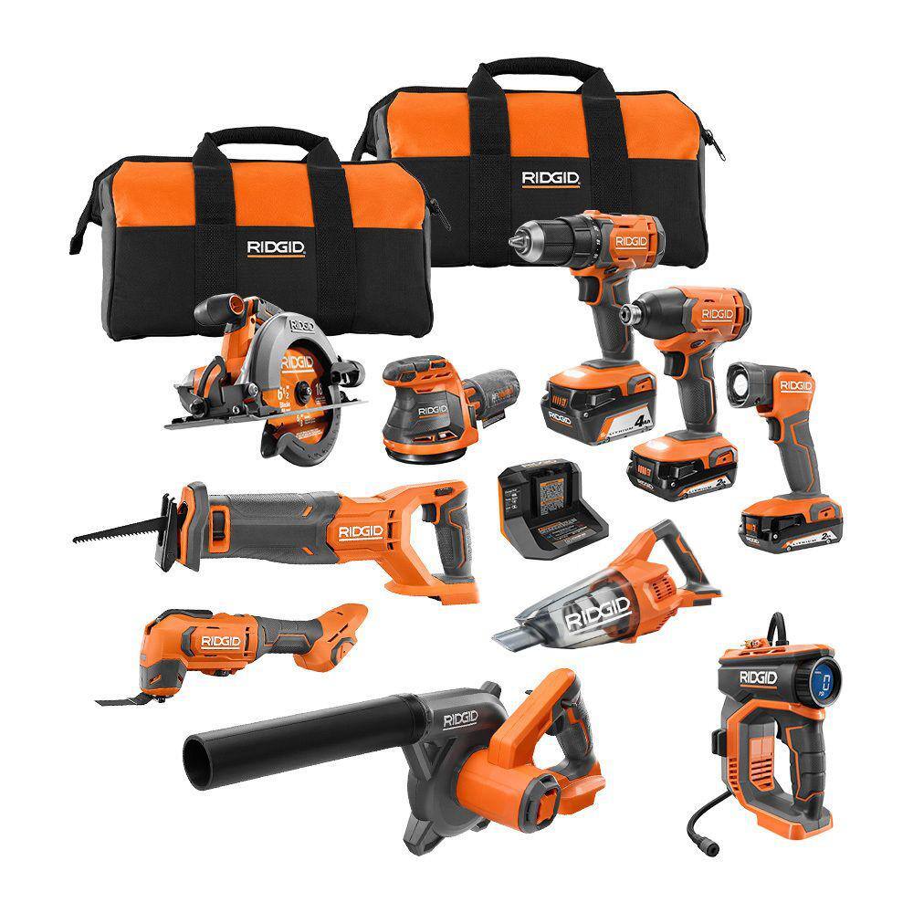 RIDGID 18V Cordless 10-Tool Combo Kit with (2) 2.0 Ah Battery (1) 4.0 Ah Battery Charger and Bag R96259N