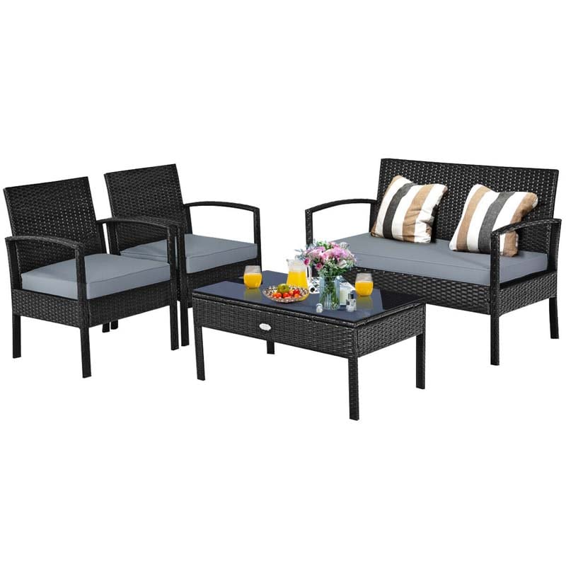 4 Pcs Wicker Patio Conversation Furniture Set Outdoor Rattan Sofa Set with Coffee Table & Washable Cushions