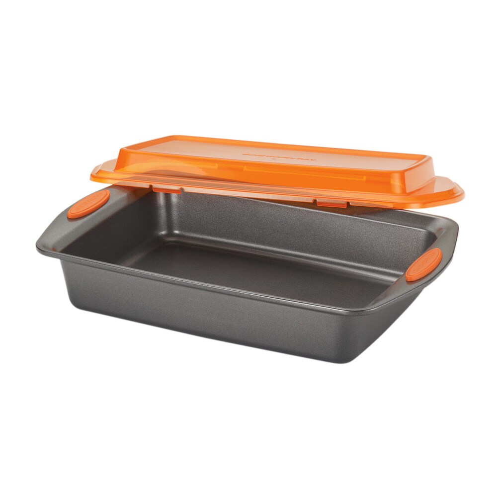 Rachael Ray Nonstick Bakeware 9 x 13 inch Grey with Orange Lid and Handles Covered Cake Pan