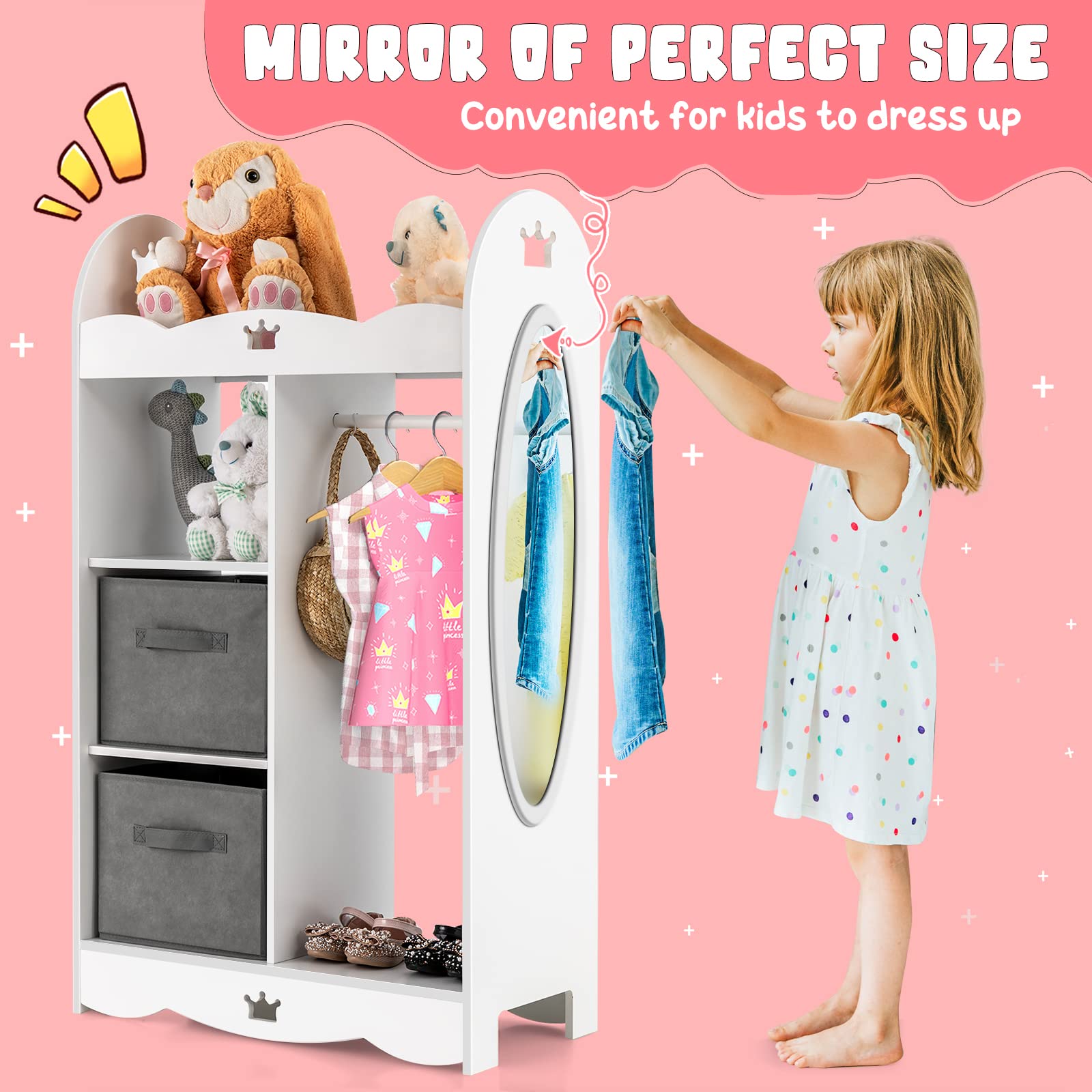 Costzon Kids Dress up Storage W/Mirror, 2 Storage Bins & Cloth Hanger, Costume Closet Wardrobe