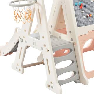 7-In-1 Light Pink HDPE Playset with Tunnel Climber Whiteboard Toy Building Block Baseplates Basketball Hoop LN20232362