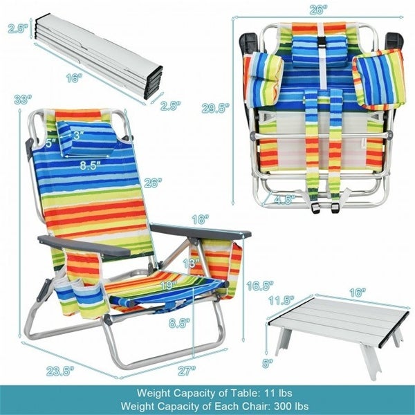 2Pack 5-Position Outdoor Folding Beach Table Chair Reclining Chair Set - Overstock - 35911032