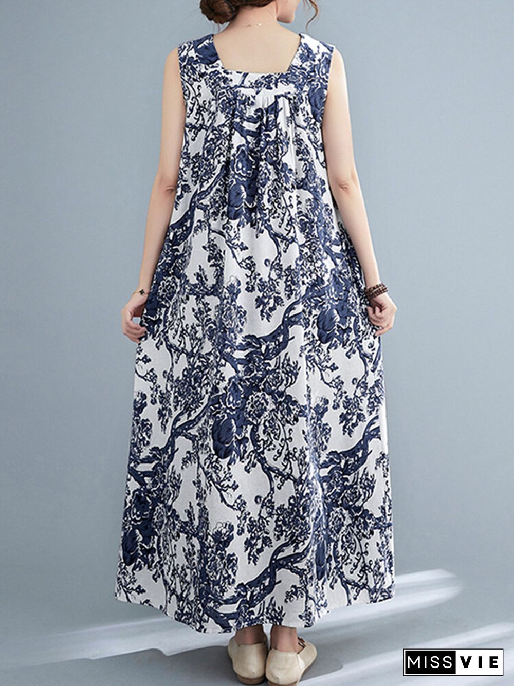 Plant Print Ruched Sleeveless Casual Maxi Cotton Dress