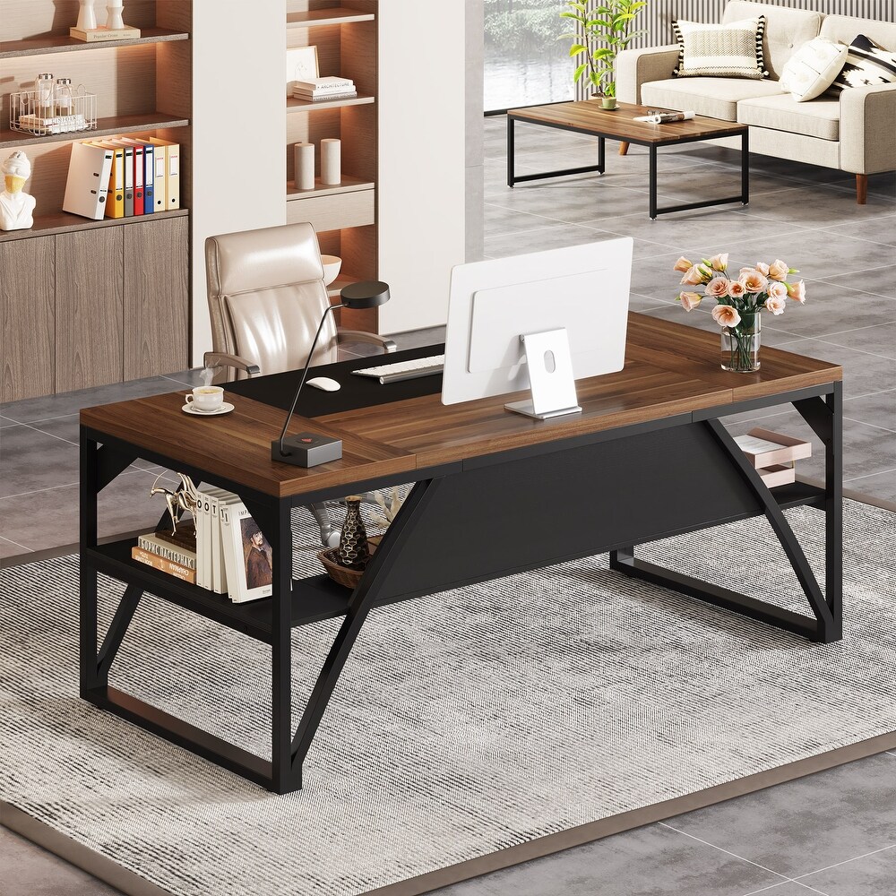 63 Inch Large Computer Desk with Storage Shelf  Modern Office Desk with Thickened Frame and Board