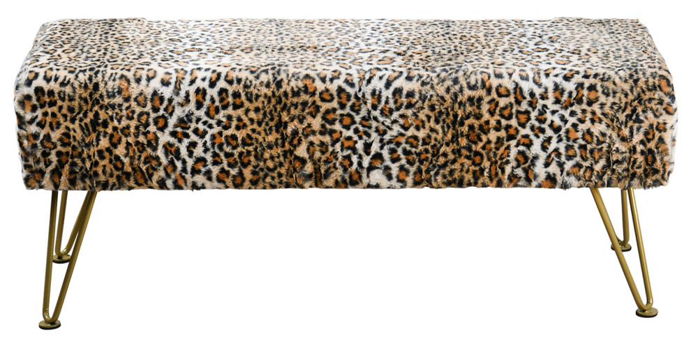 Leopard Faux Fur Bench With Gold Legs   Midcentury   Upholstered Benches   by BNF Home  Houzz